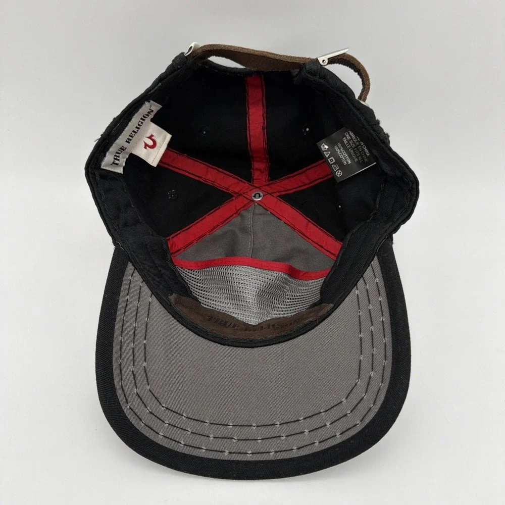 True Religion Hat Cap Mens One Size Black Horseshoe Drip Logo Leather Strapback